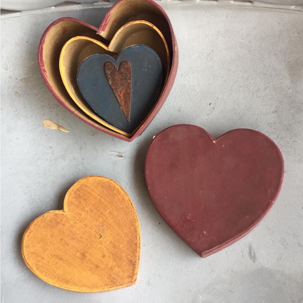 6142 3 Painted Stacking Heart Boxes 1 Rusty Red, 1 Mustard Yellow 1 Steely Blue